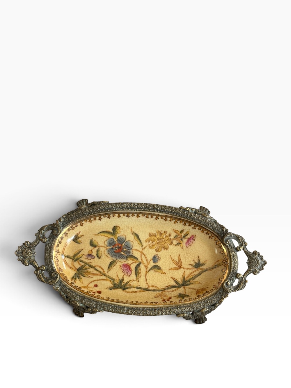 Vintage Hua Ping Tang Zhi Porcelain & Bronze Footed Soap Dish Trinket Tray